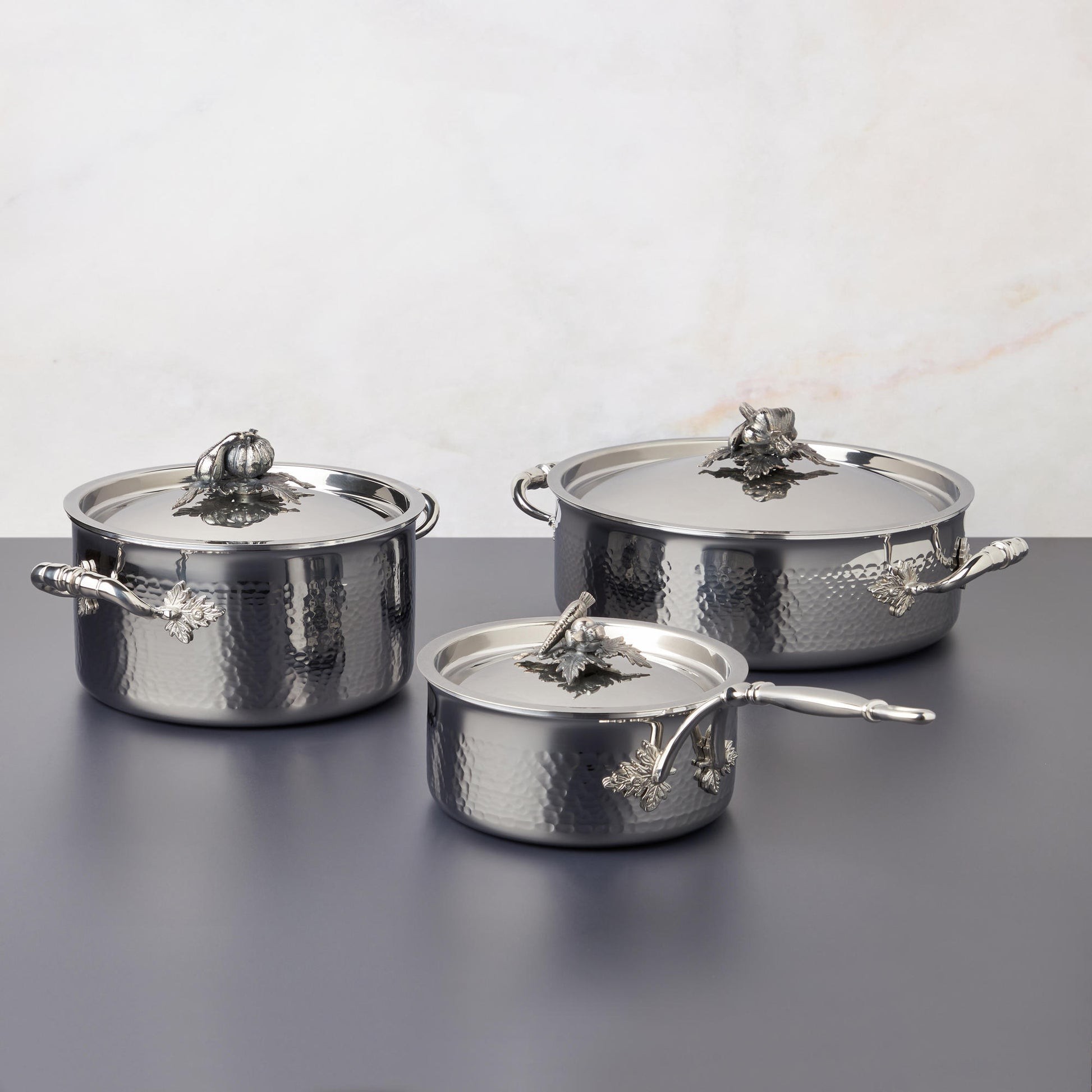 Opus Prima hammered clad stainless steel 6 piece cookware set with decorated silver-plated lid knob finial