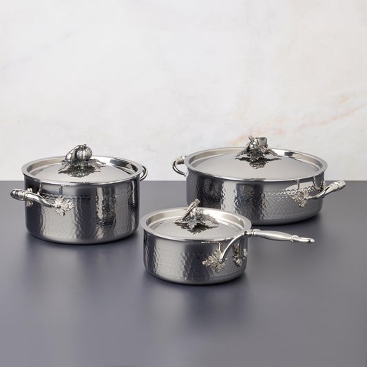 Opus Prima hammered clad stainless steel 6 piece cookware set with decorated silver-plated lid knob finial