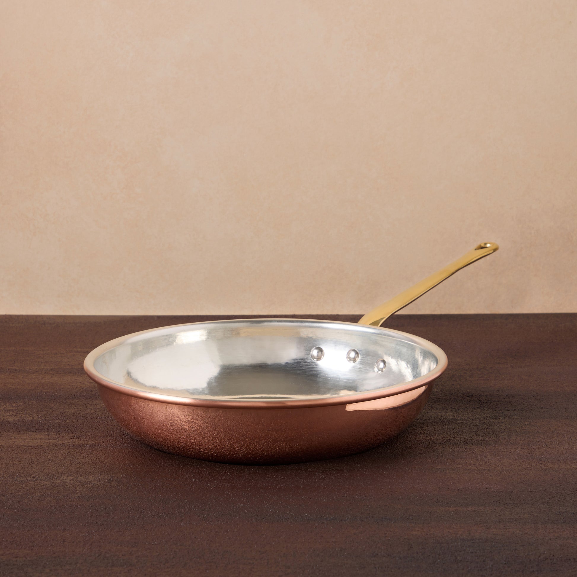 Hammered copper 10" Frying Pan lined with high purity tin applied by hand over fire and bronze handles, from Glamstore Historia collection