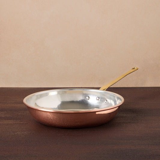 Hammered copper 10" Frying Pan lined with high purity tin applied by hand over fire and bronze handles, from Glamstore Historia collection