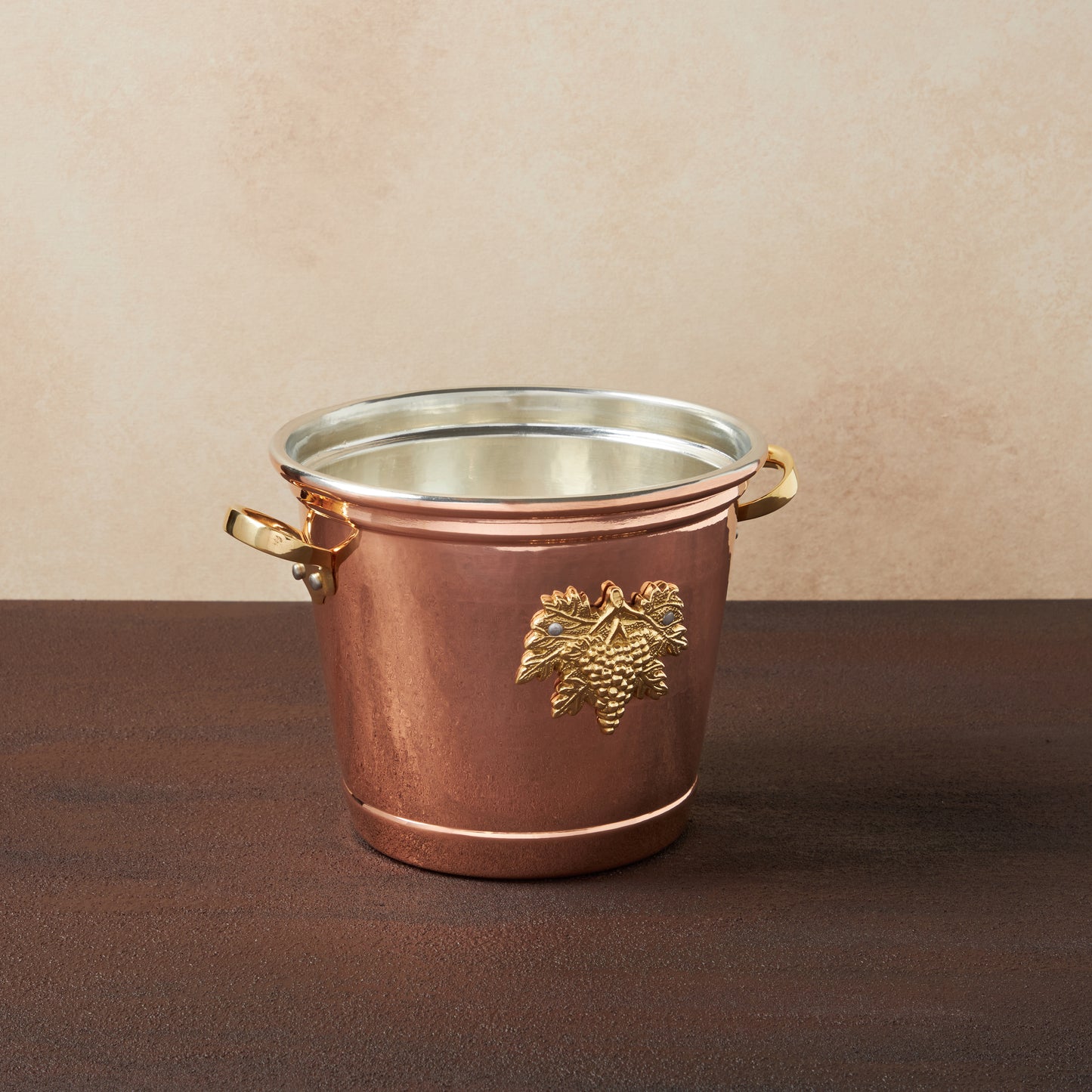 Hammered copper 3.5 Qt Round Wine Bucket lined with high purity tin applied by hand over fire and bronze handles, from Glamstore Historia collection