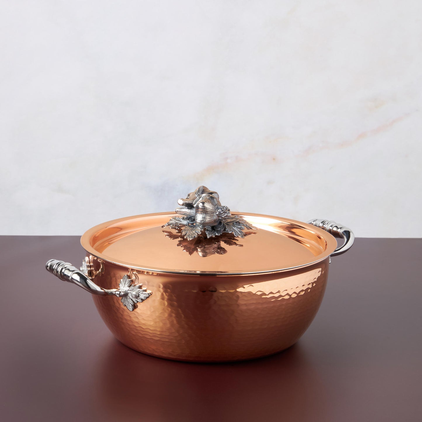  Opus Cupra hammered copper  with stainless steel lining and decorated silver-plated lid knob finial