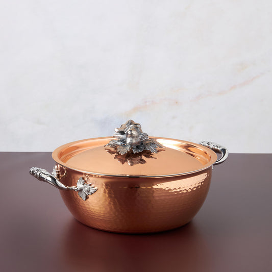  Opus Cupra hammered copper  with stainless steel lining and decorated silver-plated lid knob finial