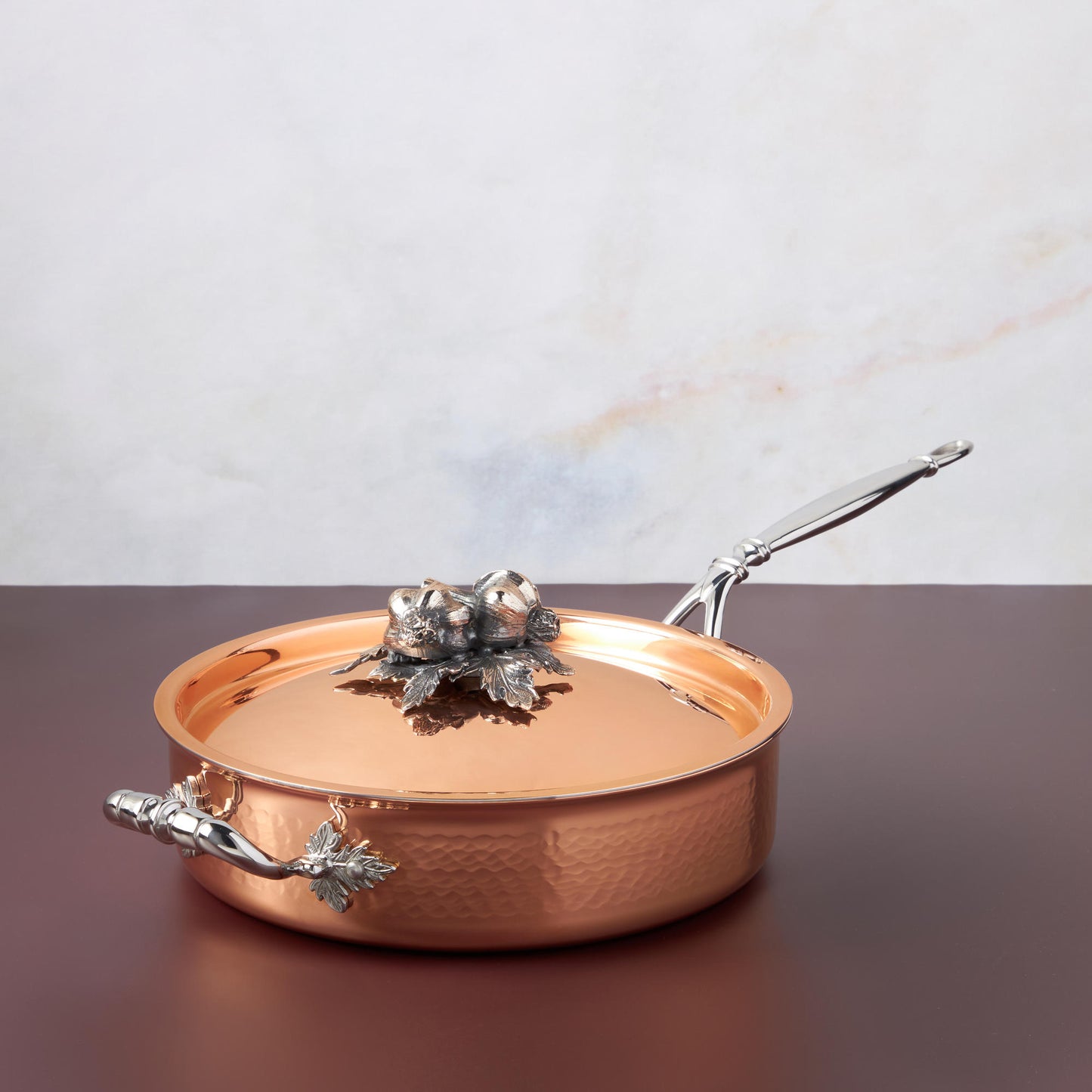  Opus Cupra hammered copper  with stainless steel lining and decorated silver-plated lid knob finial