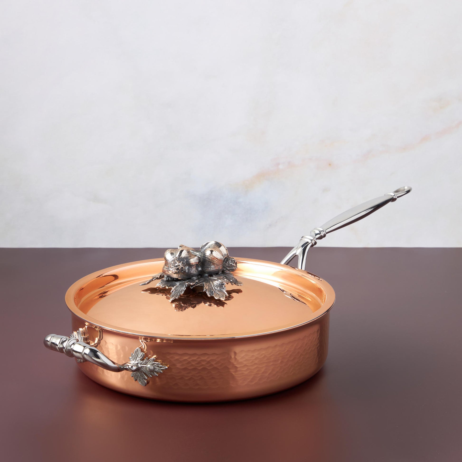  Opus Cupra hammered copper  with stainless steel lining and decorated silver-plated lid knob finial