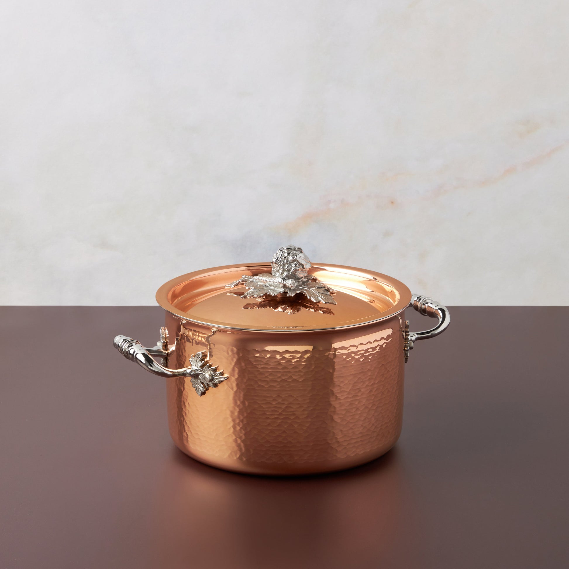 Opus Cupra hammered copper  with stainless steel lining and decorated silver-plated lid knob finial