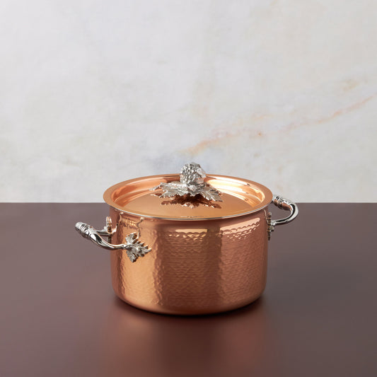 Opus Cupra hammered copper  with stainless steel lining and decorated silver-plated lid knob finial