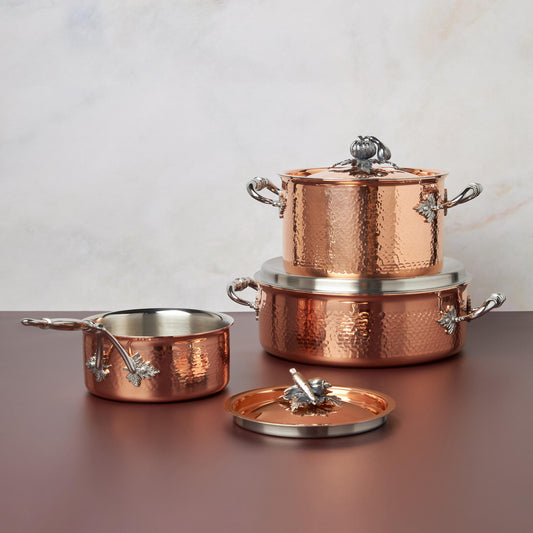 6 piece set Opus Cupra hammered copper  with stainless steel lining and decorated silver-plated lid knob finial