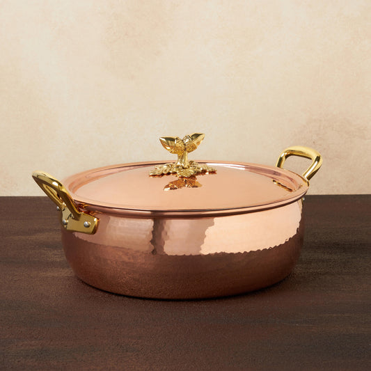 Hammered copper 6 Qt Braiser lined with high purity tin applied by hand over fire and bronze handles, from Glamstore Historia collection