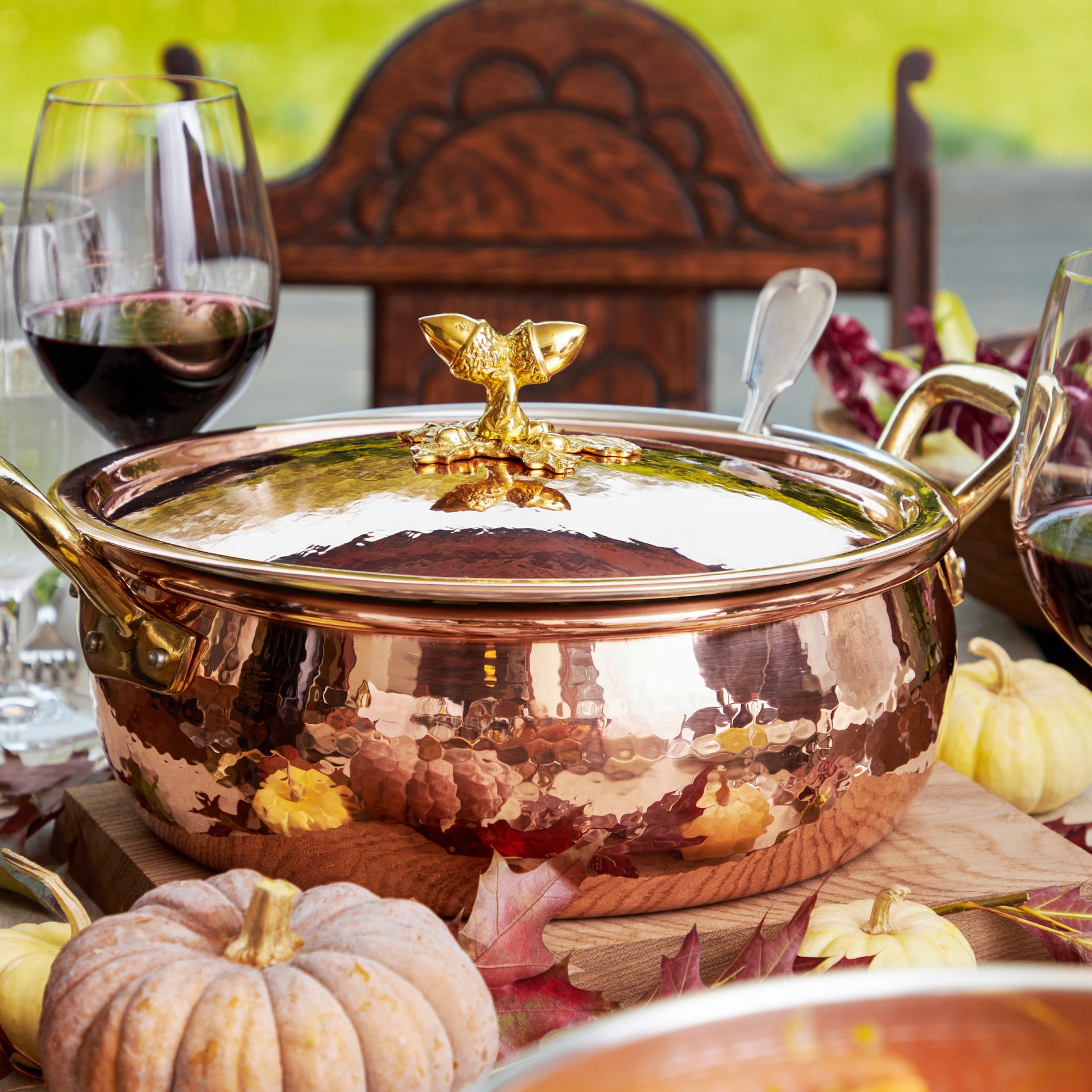 Hammered copper 6 Qt Braiser lined with high purity tin applied by hand over fire and bronze handles, from Glamstore Historia collection