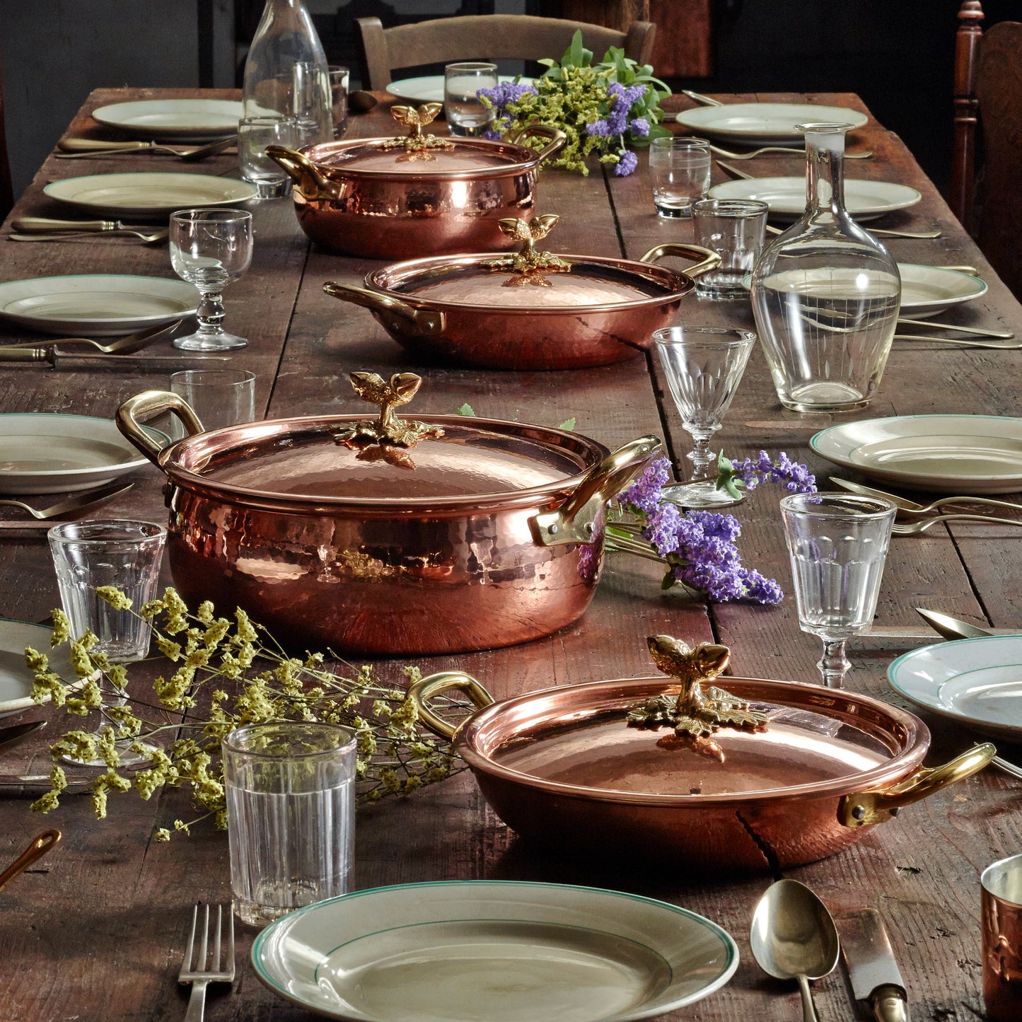 Hammered copper 6 Qt Braiser lined with high purity tin applied by hand over fire and bronze handles, from Glamstore Historia collection