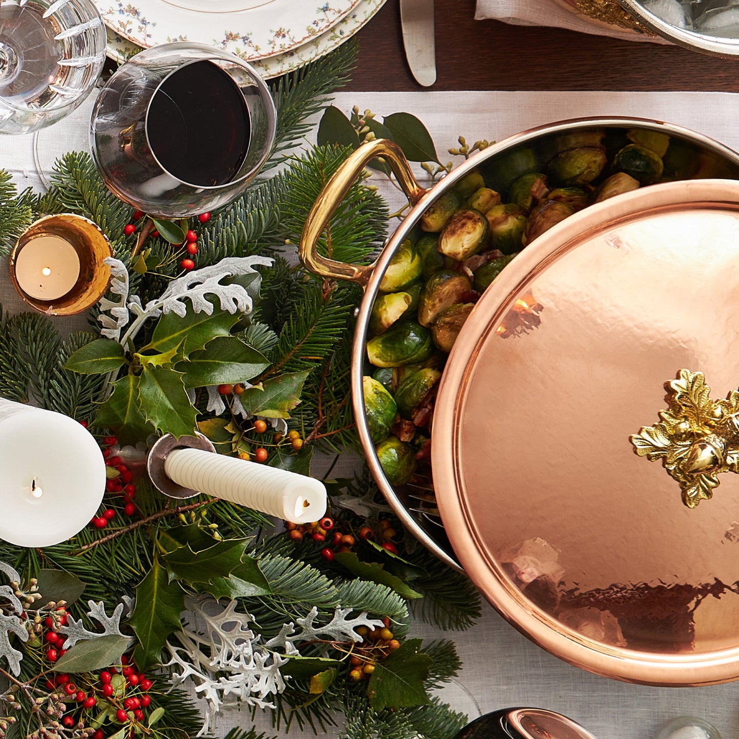 Hammered copper 11" Double Handle Fry Pan lined with high purity tin applied by hand over fire and bronze handles, from Glamstore Historia collection