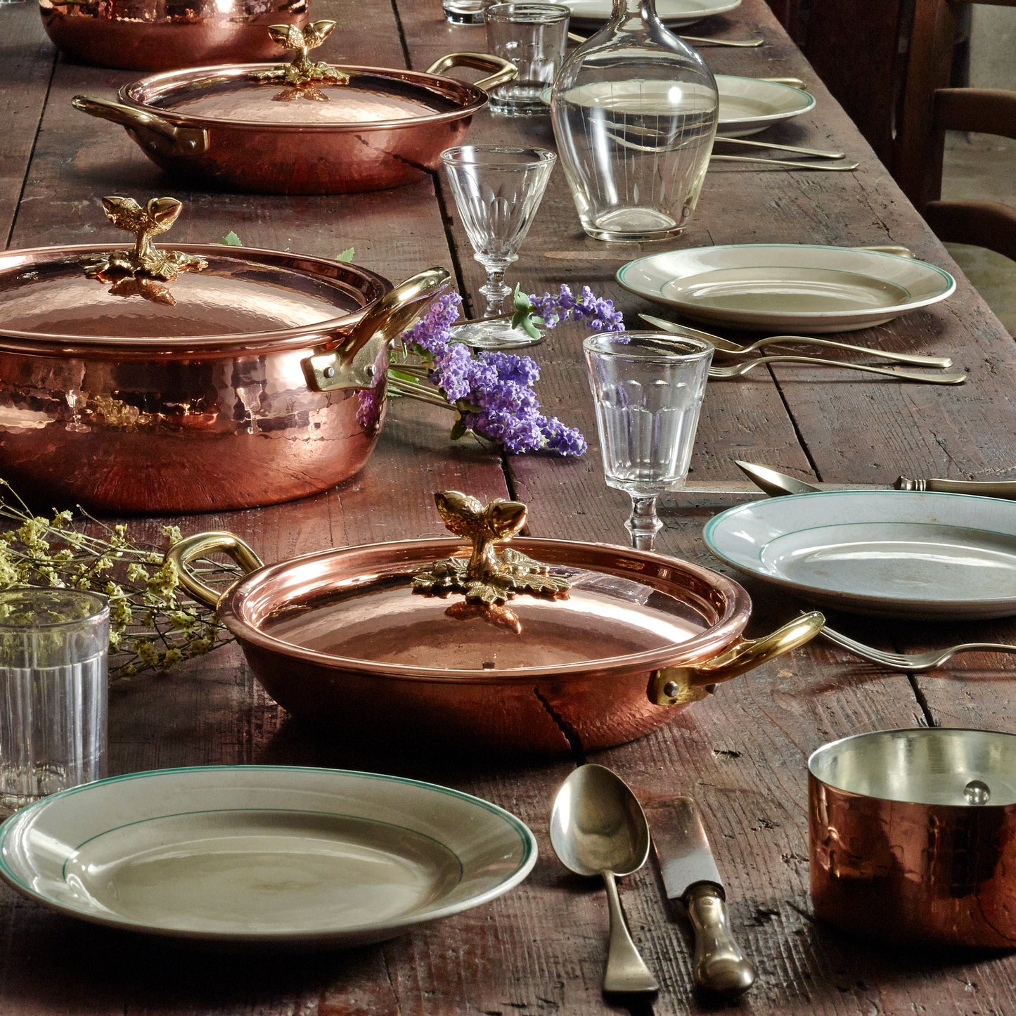 Hammered copper 11" Double Handle Fry Pan lined with high purity tin applied by hand over fire and bronze handles, from Glamstore Historia collection