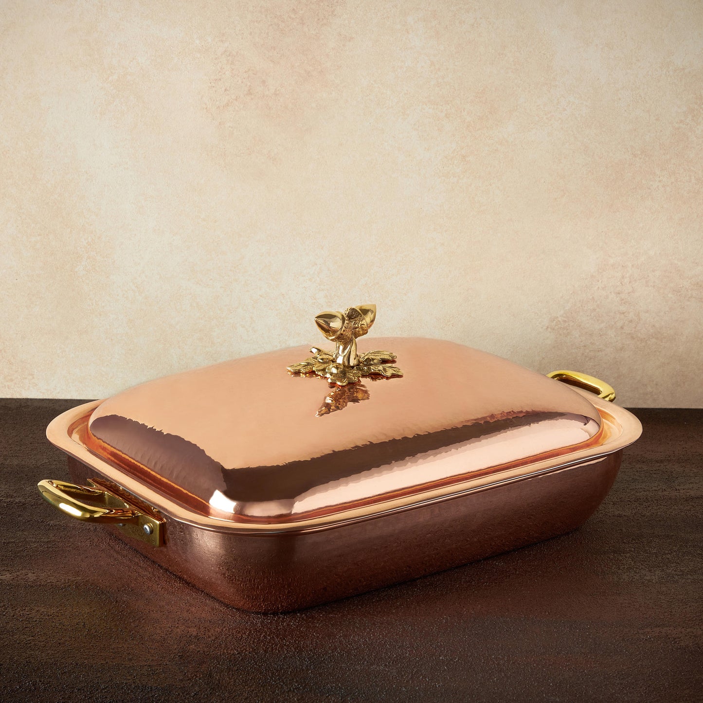 Hammered copper 5.5 Rectangular Roaster  lined with high purity tin applied by hand over fire and bronze handles, from Glamstore Historia collection