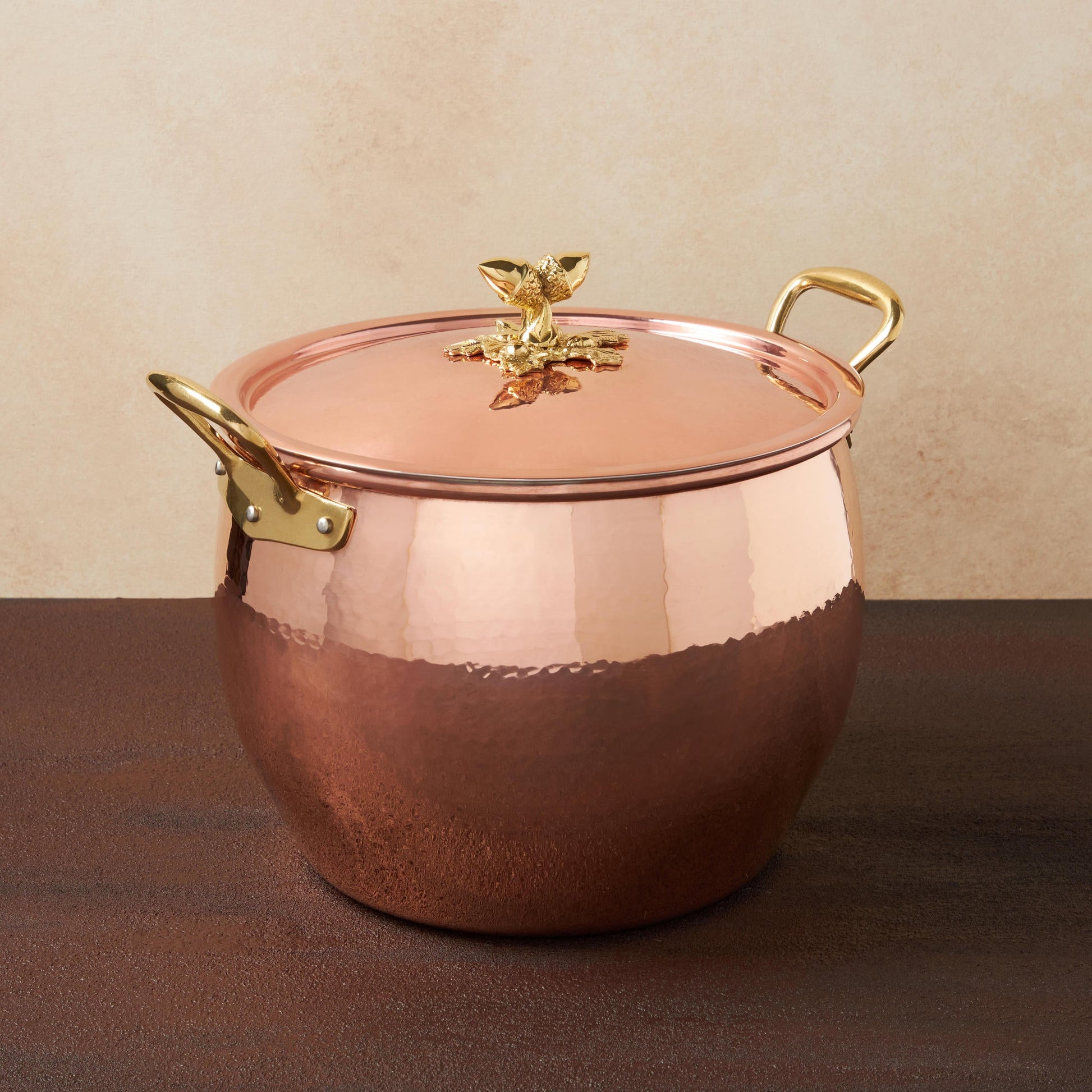 Hammered copper 12 Qt Stockpot  lined with high purity tin applied by hand over fire and bronze handles, from Glamstore Historia collection
