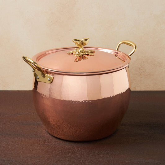 Hammered copper 12 Qt Stockpot  lined with high purity tin applied by hand over fire and bronze handles, from Glamstore Historia collection