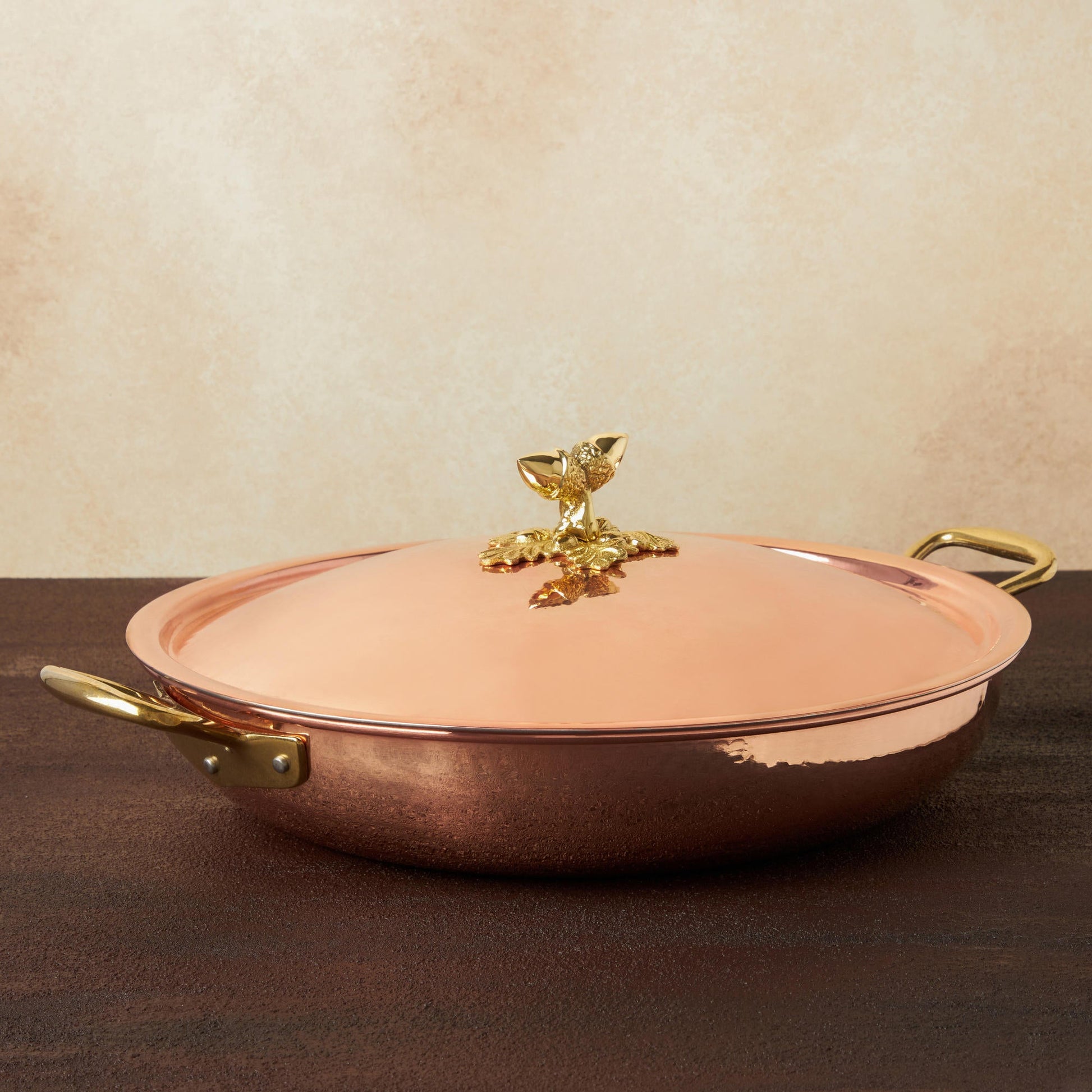 Hammered copper 13.75" Double Handle Fry Pan lined with high purity tin applied by hand over fire and bronze handles, from Glamstore Historia collection