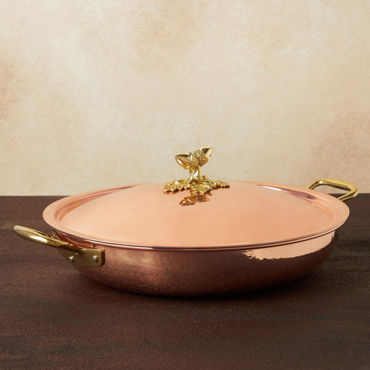 Hammered copper 13.75" Double Handle Fry Pan lined with high purity tin applied by hand over fire and bronze handles, from Glamstore Historia collection