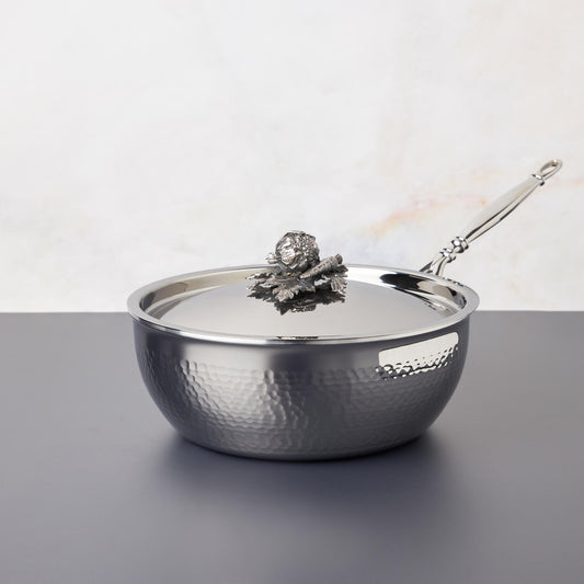 Opus Prima hammered clad stainless steel chef pan with decorated silver-plated lid knob finial