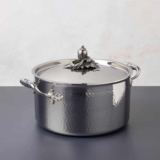 Opus Prima hammered-clad stainless steel stockpot with decorated silver-plated lid knob finial