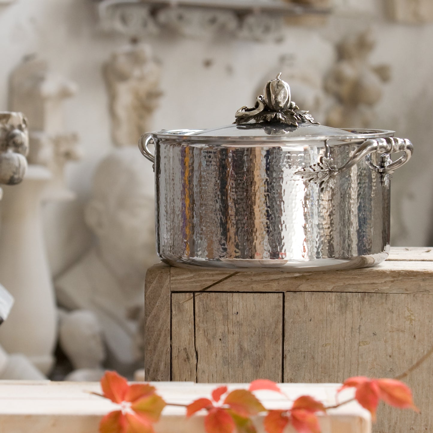 Opus Prima hammered clad stainless steel stockpot with decorated silver-plated lid knob finial