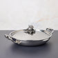 Opus Prima hammered clad stainless steel gratin also known as serving fryng pan with decorated silver-plated lid knob finial