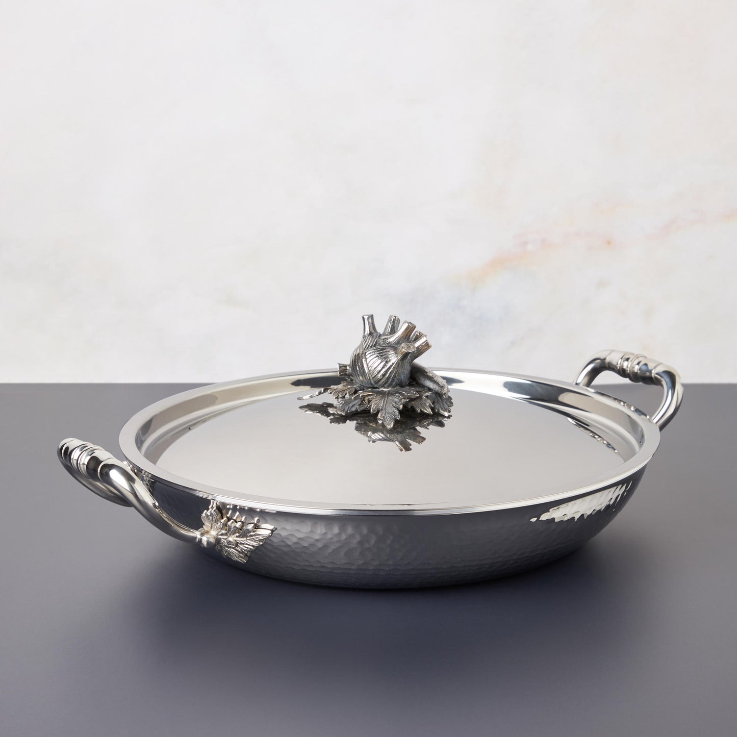 Opus Prima hammered clad stainless steel gratin also known as serving fryng pan with decorated silver-plated lid knob finial