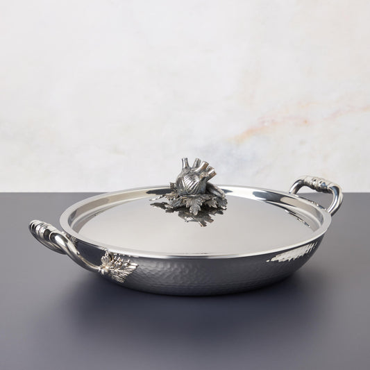 Opus Prima hammered clad stainless steel gratin also known as serving fryng pan with decorated silver-plated lid knob finial