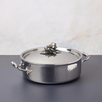 Opus Prima hammered clad stainless steel braiser with decorated silver-plated lid knob finial