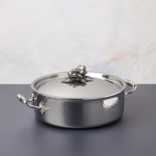 Opus Prima hammered clad stainless steel braiser with decorated silver-plated lid knob finial