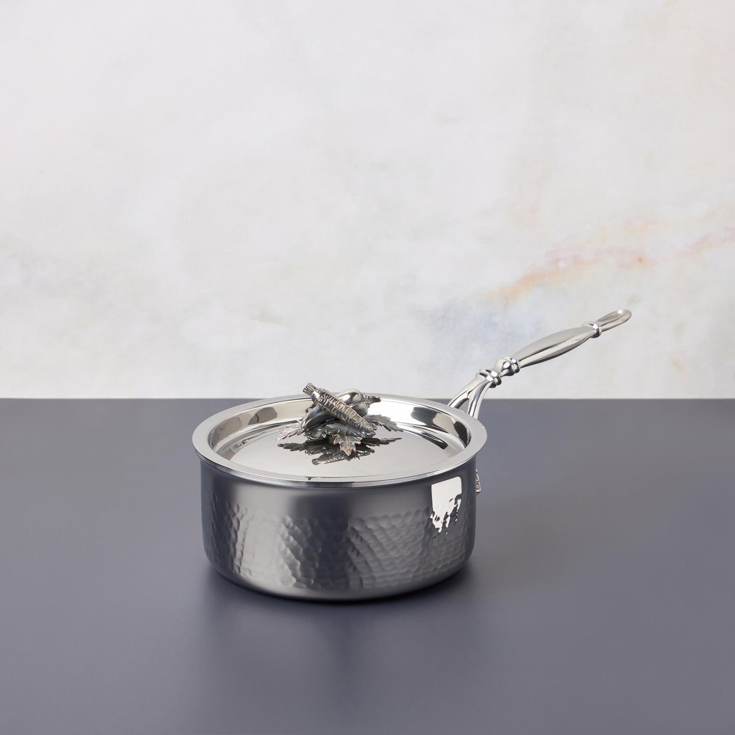  Opus Prima hammered clad stainless steel small saucepan with decorated silver-plated lid knob finial