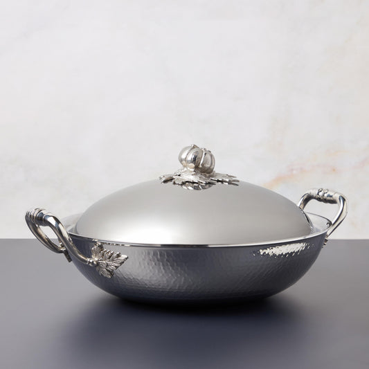 Opus Prima hammered clad stainless steel wok with decorated silver-plated lid knob finial