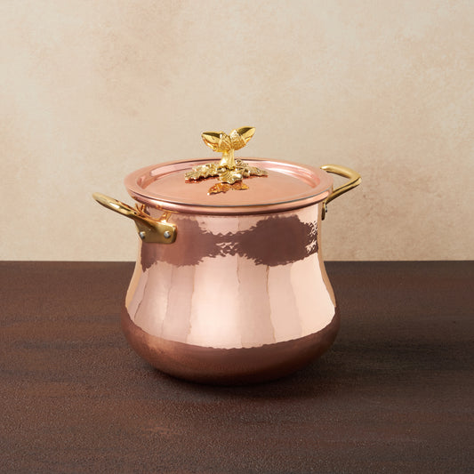 Hammered copper 5 Qt Belly Soup Pot  lined with high purity tin applied by hand over fire and bronze handles, from Glamstore Historia collection