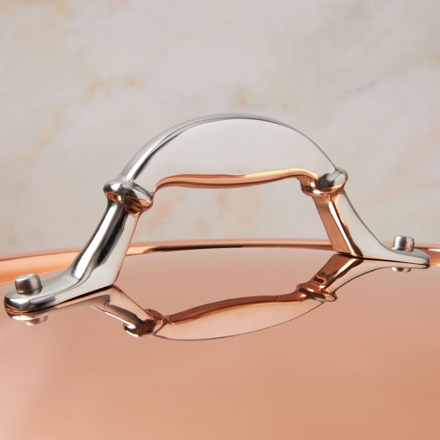 Comfortable lid handle in stainless steel with decorative inlaid copper coin