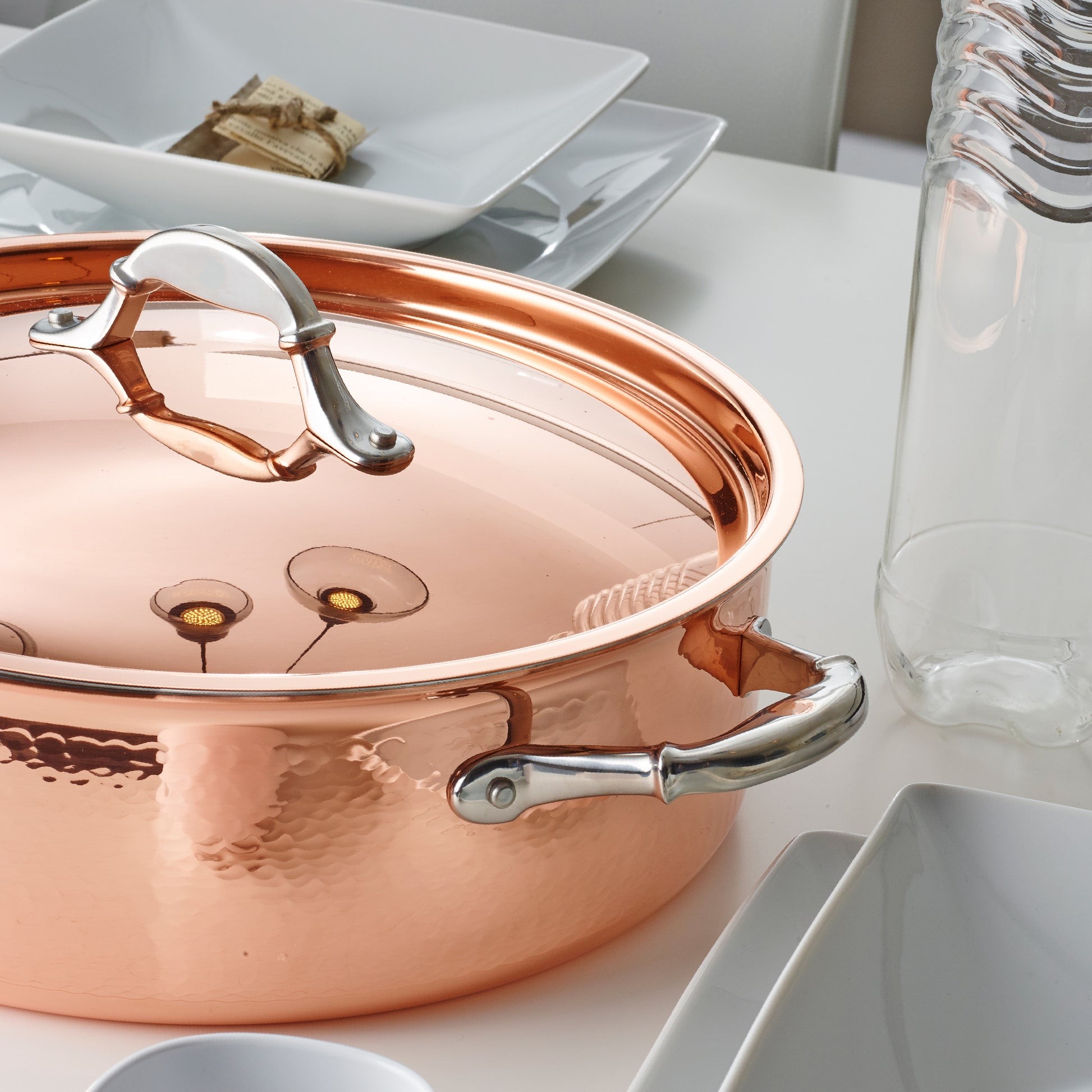 Braiser with lid in hammered copper with stainless steel lining