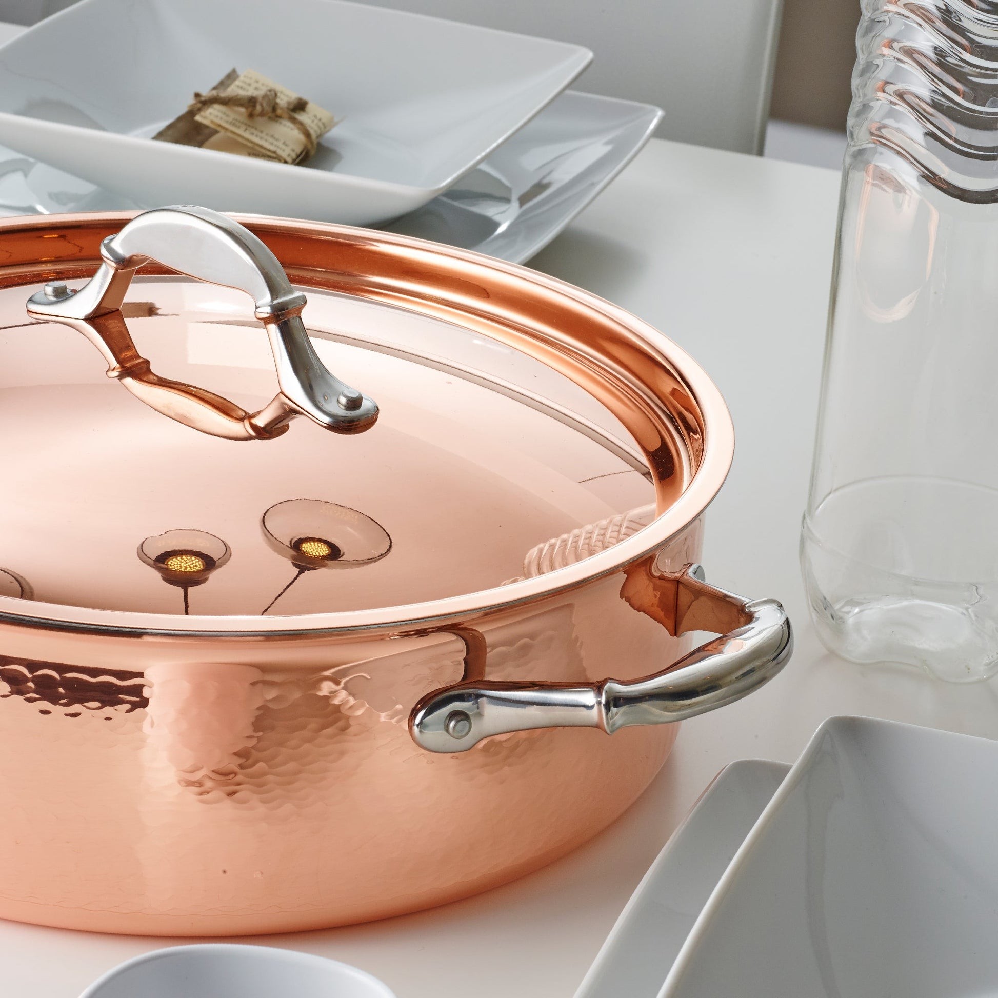 Braiser with lid in hammered copper with stainless steel lining