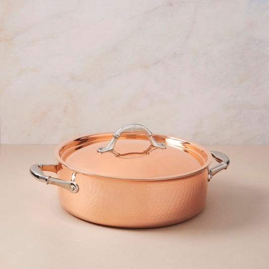 Braiser with lid in hammered copper with stainless steel lining