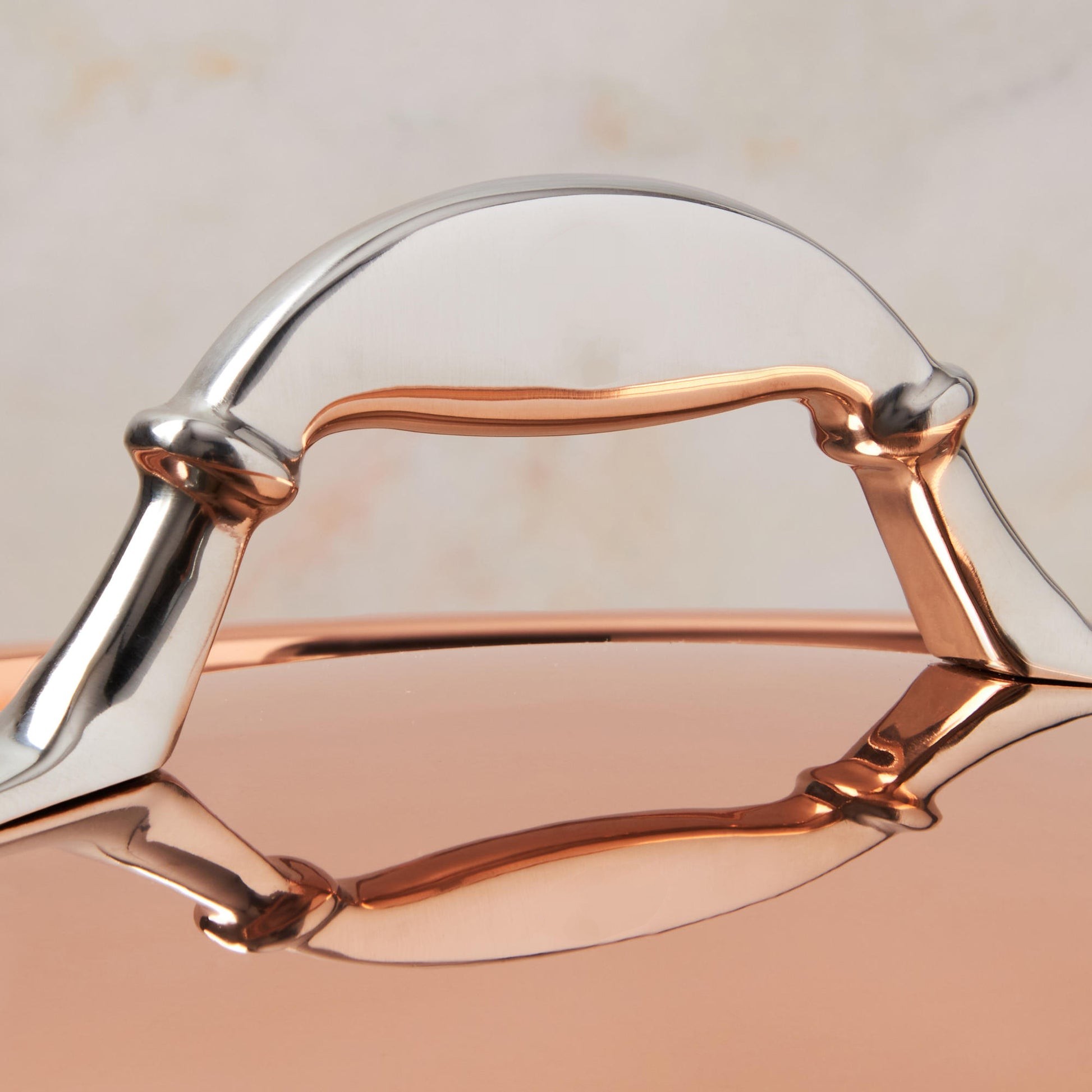 Comfortable lid handle in stainless steel with decorative inlaid copper coin