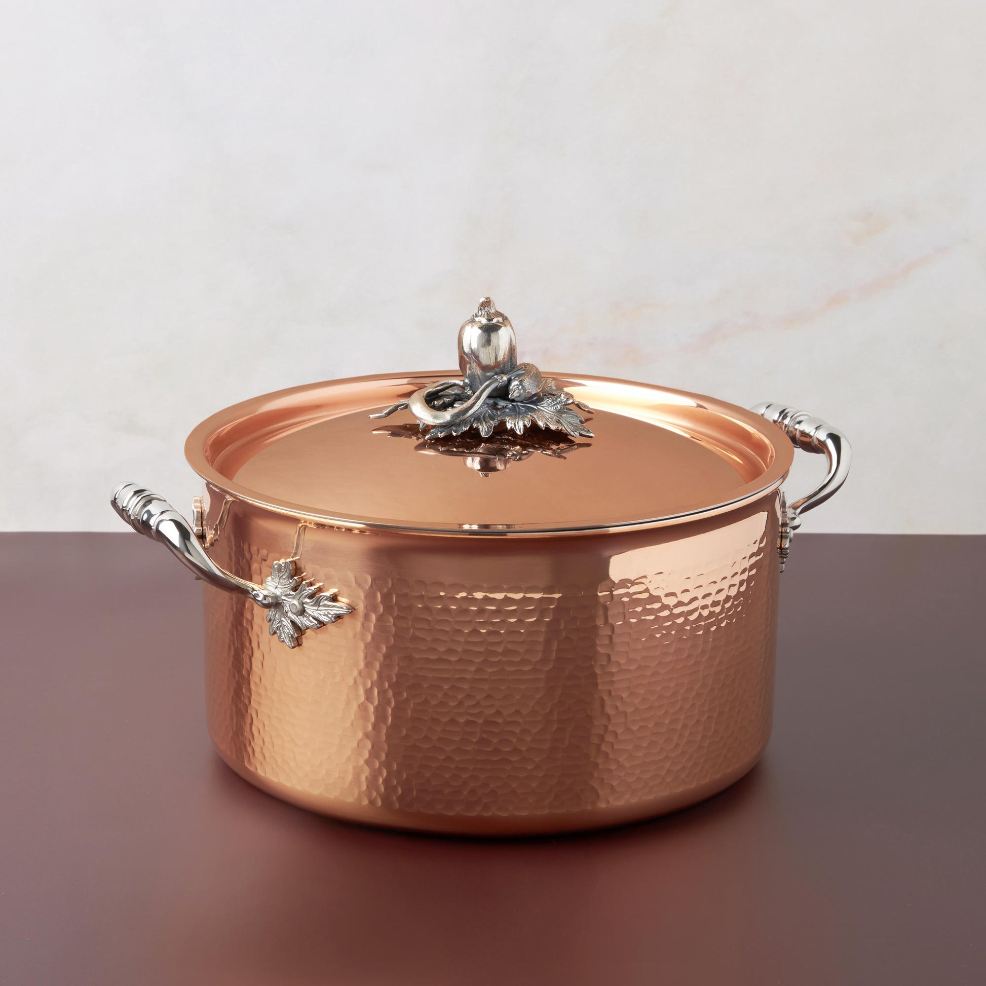 Opus Cupra hammered copper pot with stainless steel lining and decorated silver-plated lid knob finial