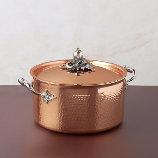 Opus Cupra hammered copper pot with stainless steel lining and decorated silver-plated lid knob finial