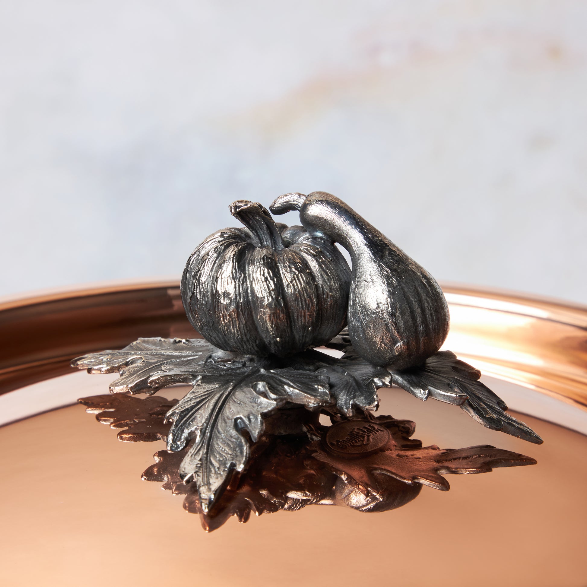 Decorated knob finial representing pumpkin and gourd, cast in solid bronze and silver plated, on Opus Cupra clad copper lid