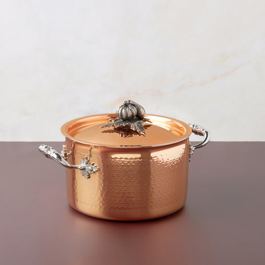 Opus Cupra hammered copper  with stainless steel lining and decorated silver-plated lid knob finial