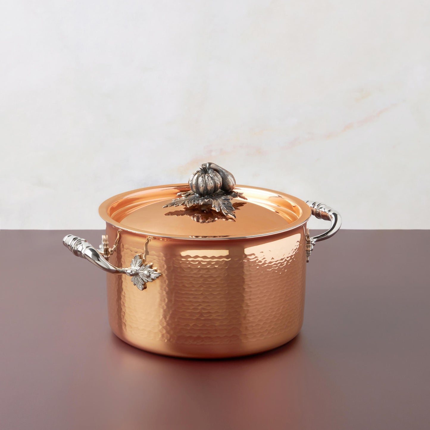 Opus Cupra hammered copper  with stainless steel lining and decorated silver-plated lid knob finial