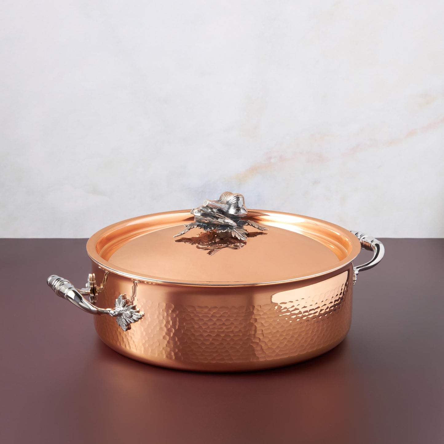  Opus Cupra hammered copper  with stainless steel lining and decorated silver-plated lid knob finial