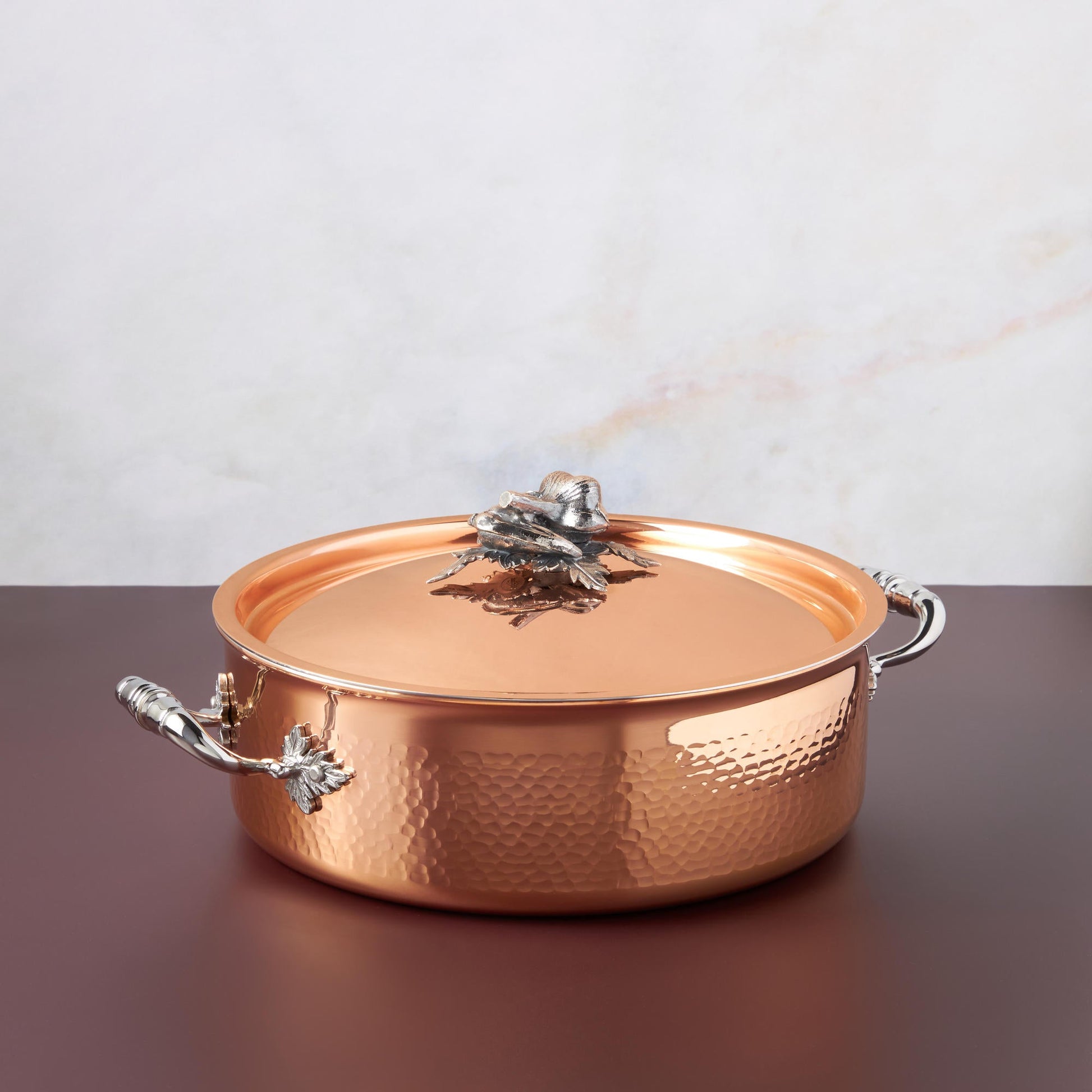  Opus Cupra hammered copper  with stainless steel lining and decorated silver-plated lid knob finial