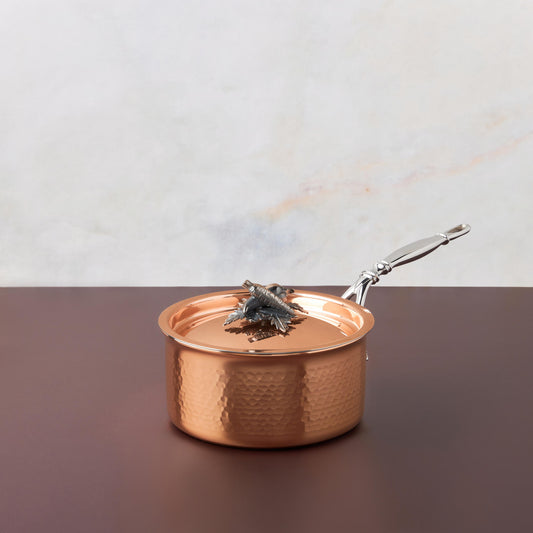 Small saucepan Opus Cupra hammered copper  with stainless steel lining and decorated silver-plated lid knob finial
