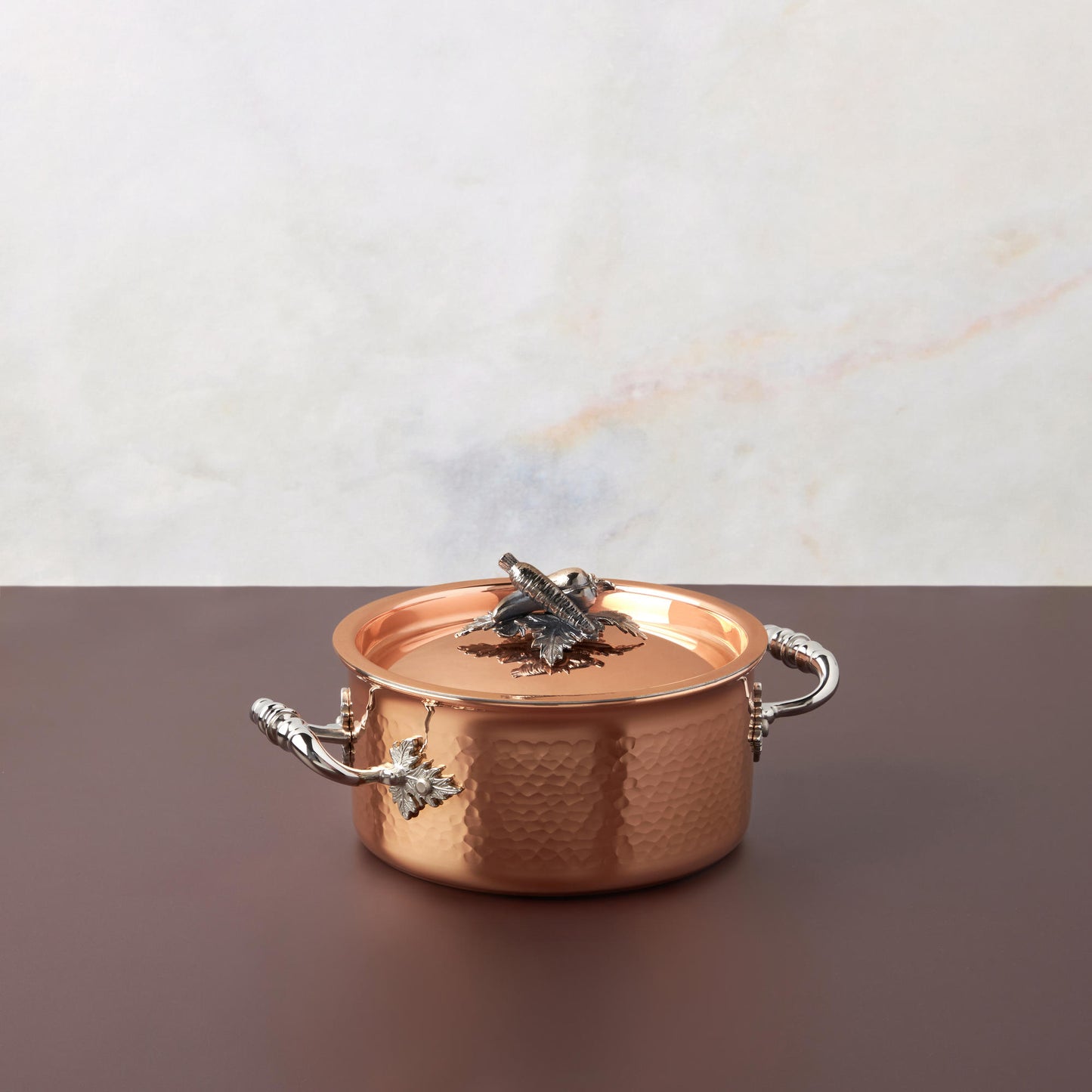 Small Saucepot Opus Cupra hammered copper  with stainless steel lining and decorated silver-plated lid knob finial