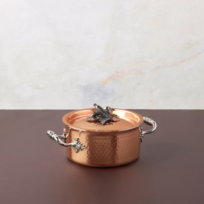 Small Saucepot Opus Cupra hammered copper  with stainless steel lining and decorated silver-plated lid knob finial