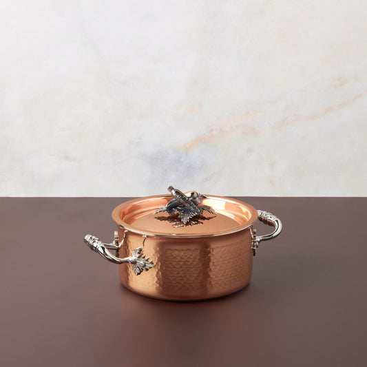 Small Saucepot Opus Cupra hammered copper  with stainless steel lining and decorated silver-plated lid knob finial