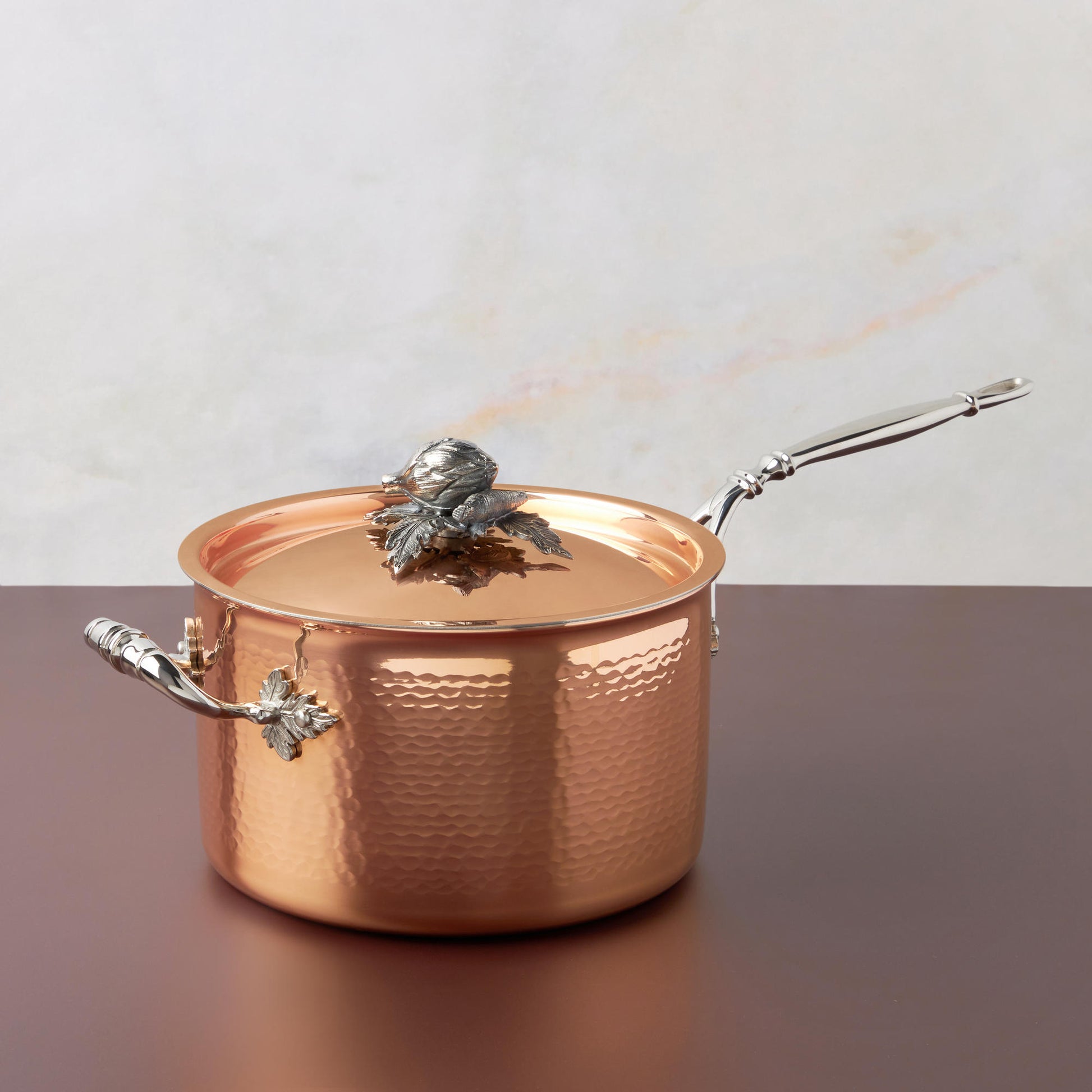 Opus Cupra hammered copper  with stainless steel lining and decorated silver-plated lid knob finial